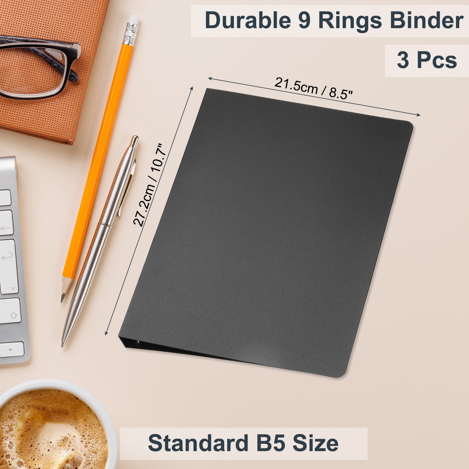 Uxcell B5 Binder Cover, 3 Pcs PP 9 Ring Loose Leaf Binder Protector Round Ring Binder, Black