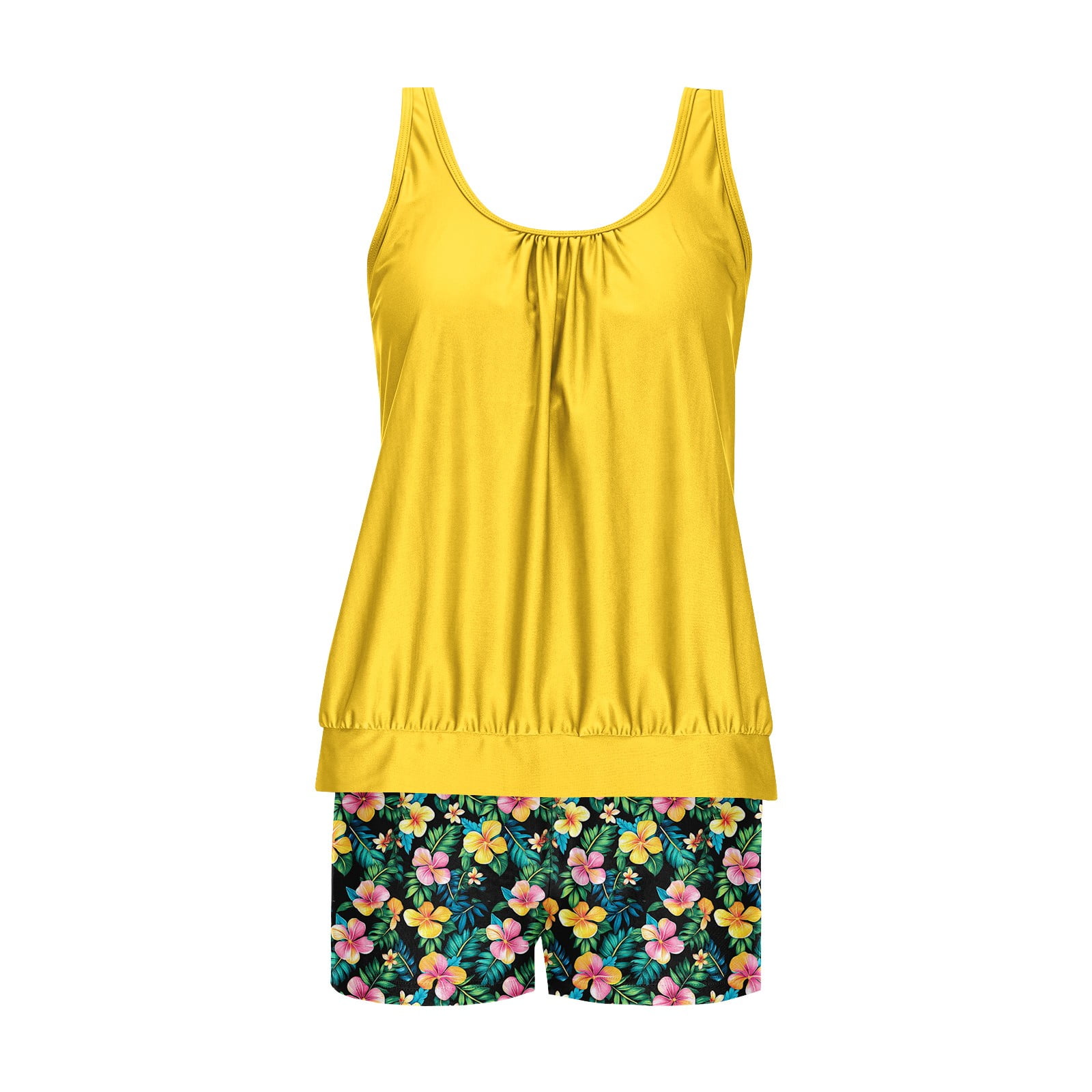 Jsaierl Women's Two Piece Tankini Bathing Suits Blouson Swim Tops Summer Print Swimwear Conservative Cute Modest Beachwear with Swim Shorts Tankini Swimsuits