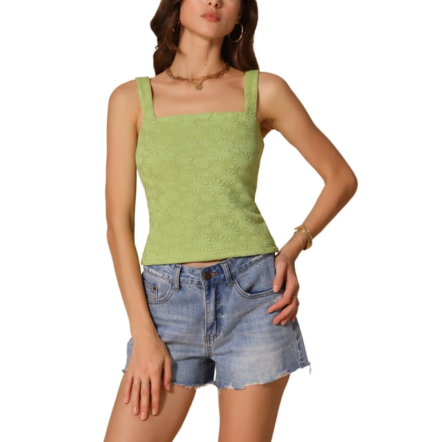 INSPIRAR CHIC Top sin mangas de corte cuadrado con tirantes anchos y borde de lechuga, casual, floral, talla S, verde aguacate