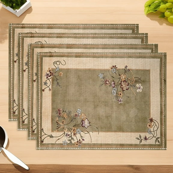 4pcs Flower Frame Pattern Placemats Table Mats Durable Washable Rustic Linen Vintage Placemats for Home Dinner Party Camping Wedding Table Decoration 12 x 18 Inch