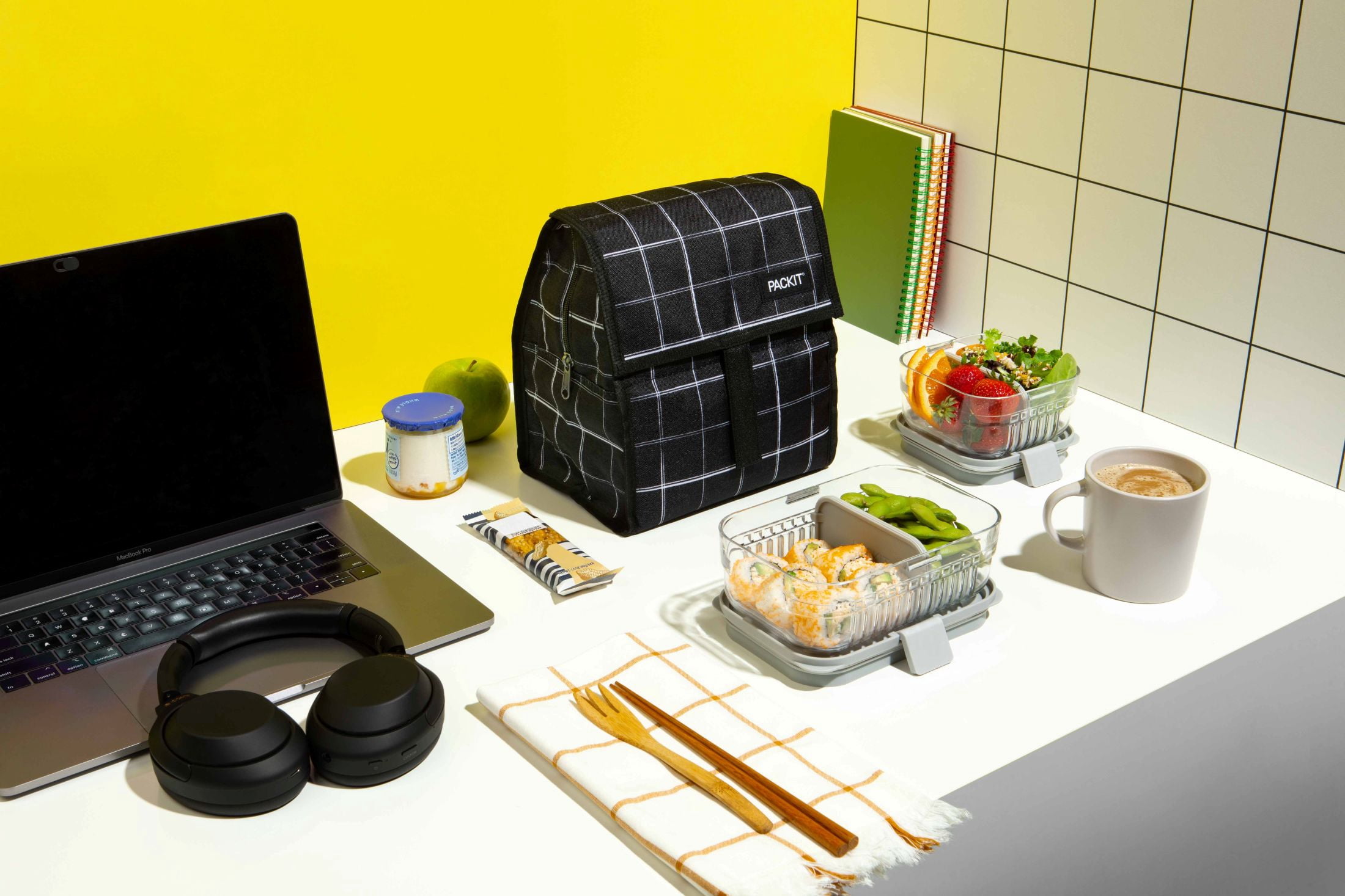 PackIt Freezable Lunch Bag, Black Grid, Built with EcoFreeze Technology, Foldable, Reusable, Zip and Velcro Closure with Buckle Handle, Perfect for Lunches Large