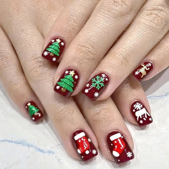 Yoyauz 24 PCS Christmas Fake Nails Green Shining Christmas Tree Short Fake Nails, Christmas Holiday Red Green Nails Used for DIY Nail Decoration in Winter