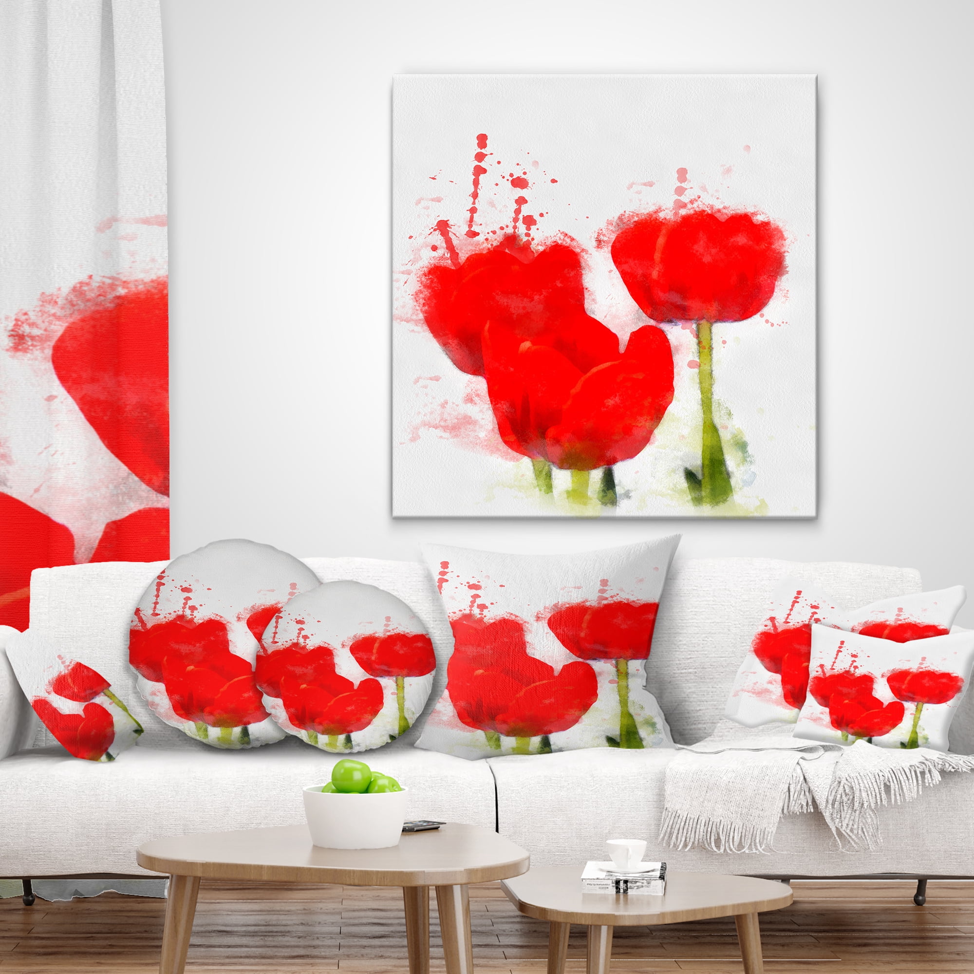 Designart Bright Red Tulip Flowers with Splashes - Floral Throw Pillow - 16x16