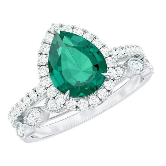 Rosec Jewels Womens 2.50 CT Created Emerald Solitaire Rings Set with Diamond, Teardrop Ring for Her, 925 Sterling Silver, US 4.00