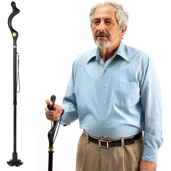 Vessgra Posture Walking Cane for Seniors, Adjustable Upright Walking Cane with Self-Standing Base, Lightweight Foldable Mobility Aid, Ergonomic Handle, Supports 300 lbs, Blue