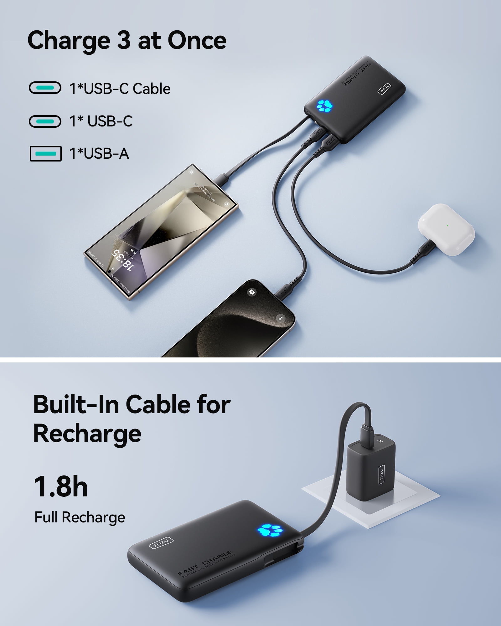 INIU Portable Charger, Slim 45W 10000mAh Power Bank with Build in USB-C Cable for iPhone 17 16 Samsung S22 S21 Google, Black
