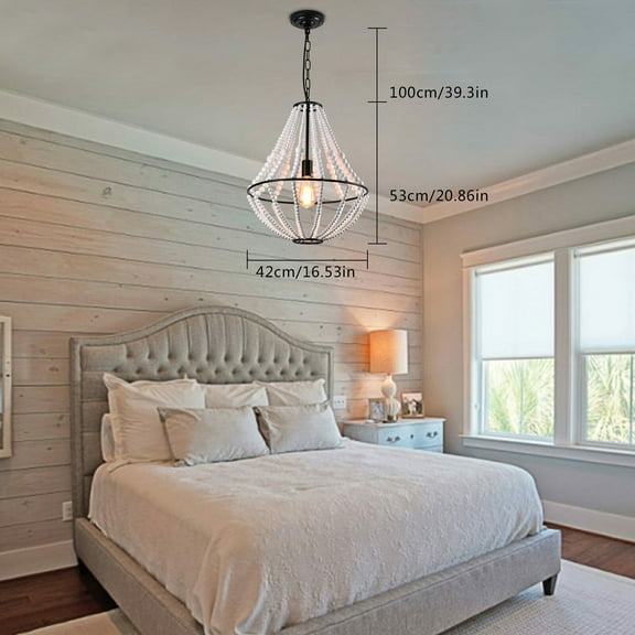 60W Wooden Beaded Pendant Lamp Dining Room Rustic Chandelier Light Hanging Lamp W/o Bulb for Living Rooms