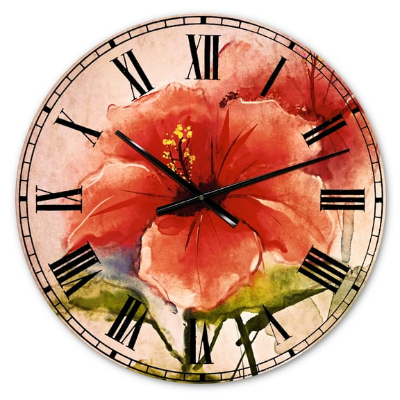 Designart 'Watercolor Painting Red Hibiscus Flower' Traditional wall clock