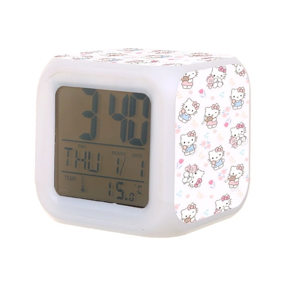 Hello kitty Digital Alarm Thermometer Night Glow Cube 7 Color Clock LED Changing LCD Display Suitable for Bedroom Children