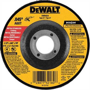 Dewalt Dw8424 - Hp 4-1/2" Type 27 Metal Cut-off Wheel (1/20" Thickness, 7/8" Arbor, Aluminum Oxide)