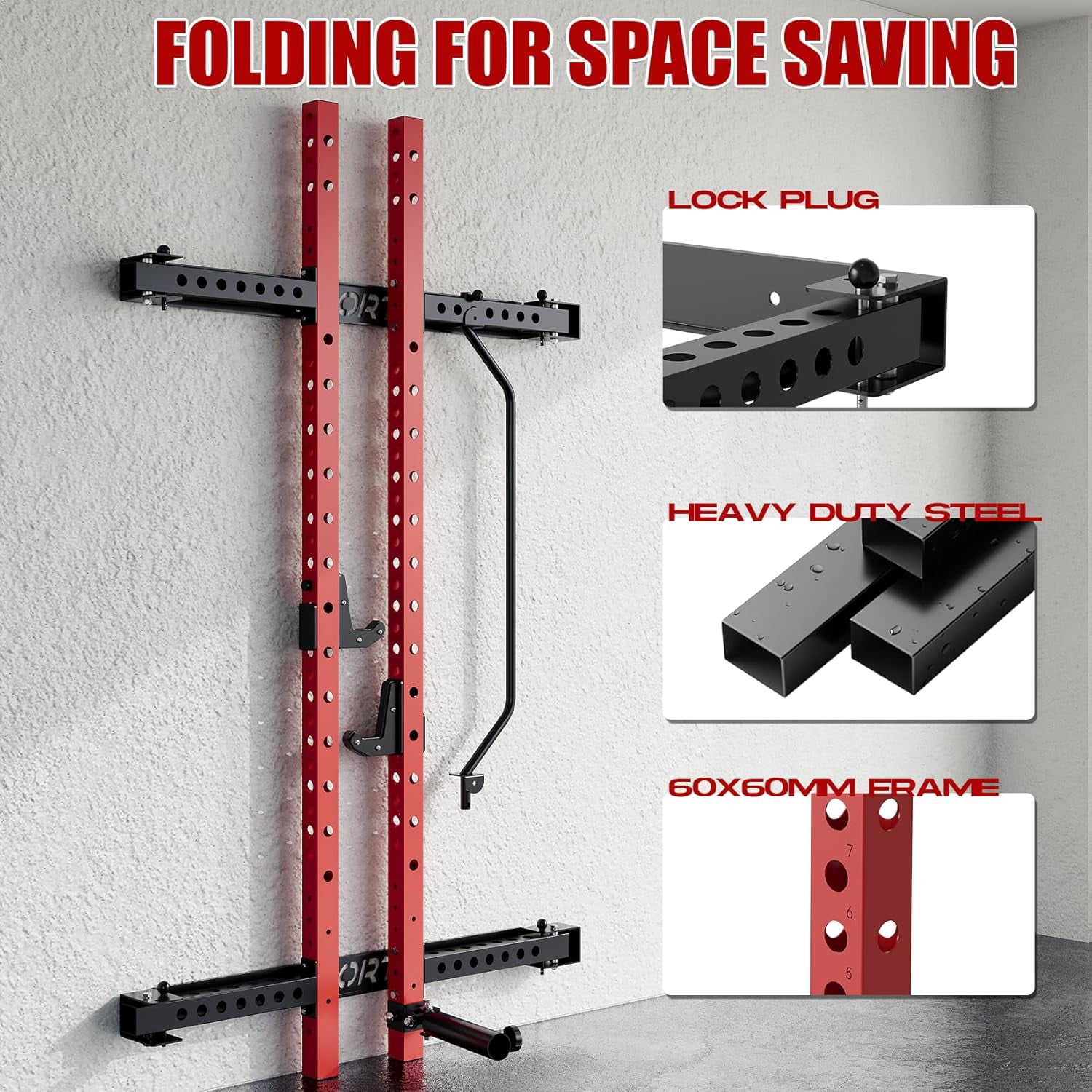 Folding Wall Mounted Squat Rack, 2.36" x 2.36" Power Racks for Home Gym, 1000 LBS Capacity Squat Rack with Pull Up Bar
