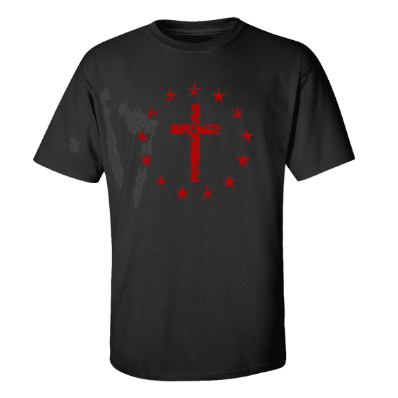 Men's Christian Cross Surrounded By Patriotic Betsy Ross Flag 13 Stars Short Sleeve T-shirt-Black-medium