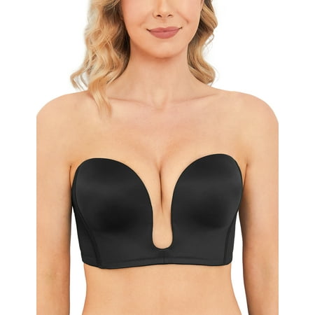 Wingslove Women s Deep Plunge Bra Convertible Multiway Push up Low Cut Strapless V Wireless Bra Clear Back  Black 32D