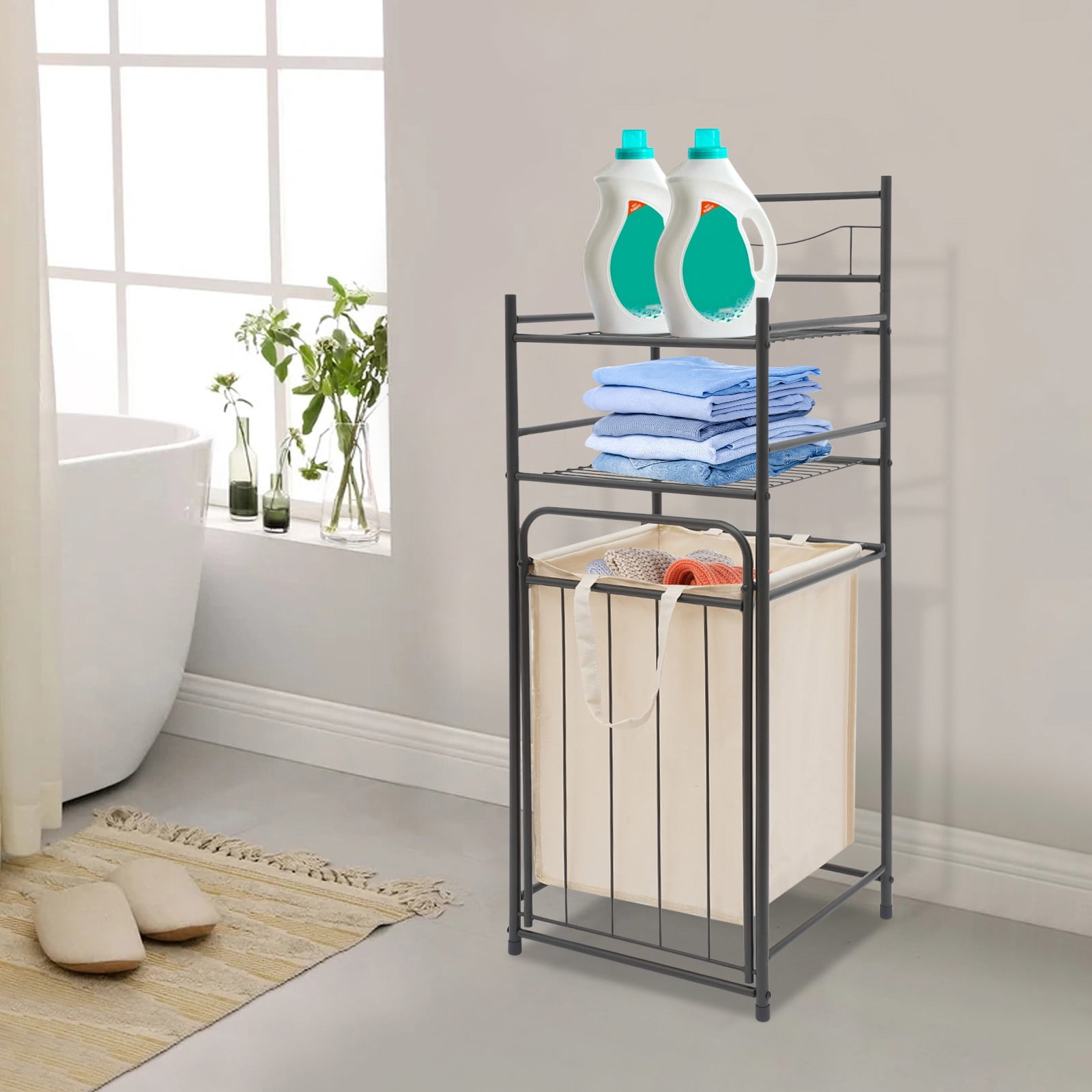 15.2*14*41.5in Tilt Out Laundry Hamper, Utility Laundry Basket with 2 Tier Storage Shelf and Removable Bag Metal Dirty Clothes Storage Shelf for Bathrooms Dorms Bedrooms