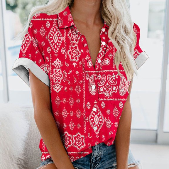 Qulqfy Short Sleeve Shirts for Women Casual Print Fashion Turn Down Collar Button Drop Shoulder ladies Tops