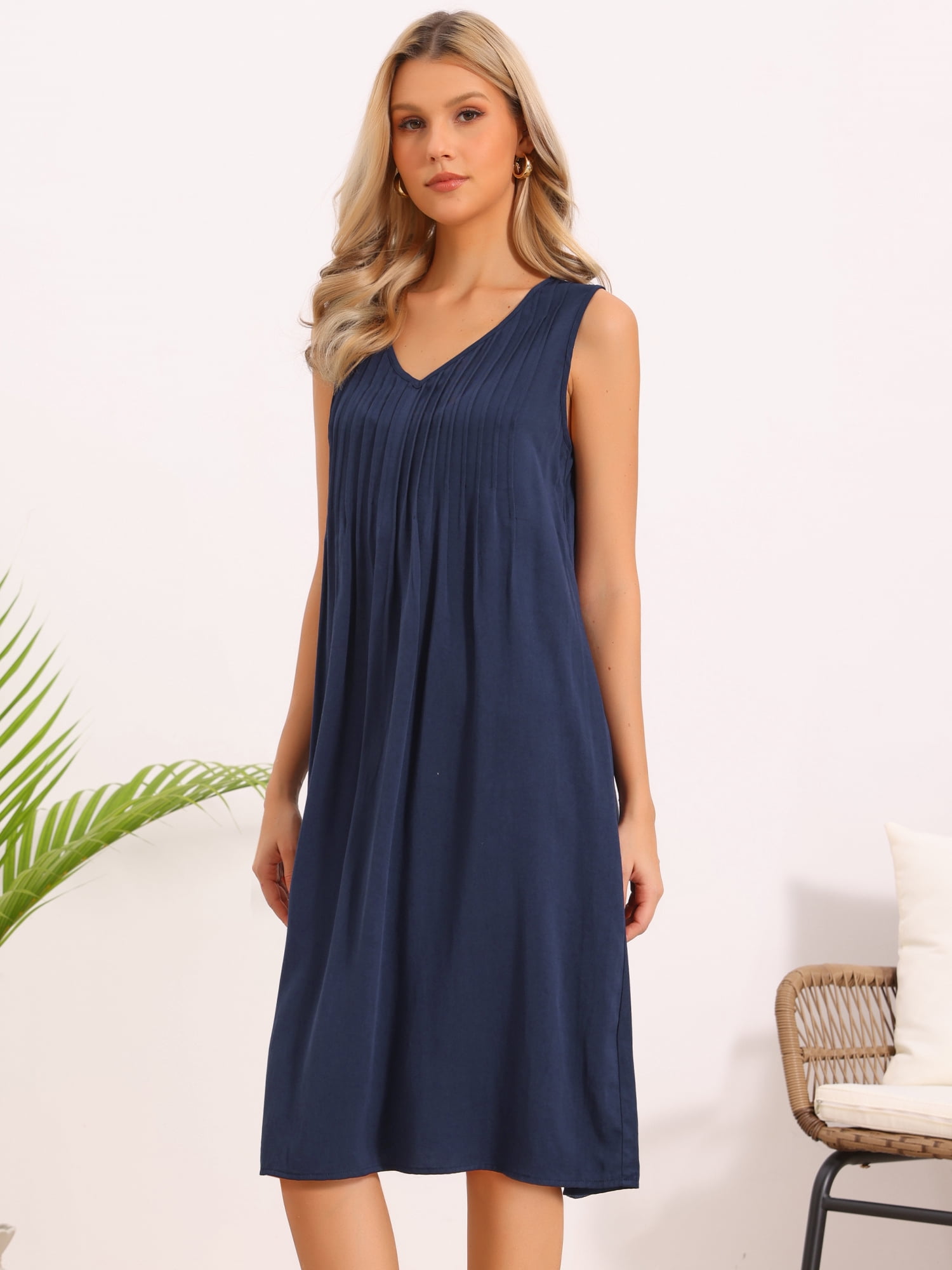 DARING DIVA Women's Sleeveless V Neck Pleated Front Casual Midi Stylish Dress L Navy Blue