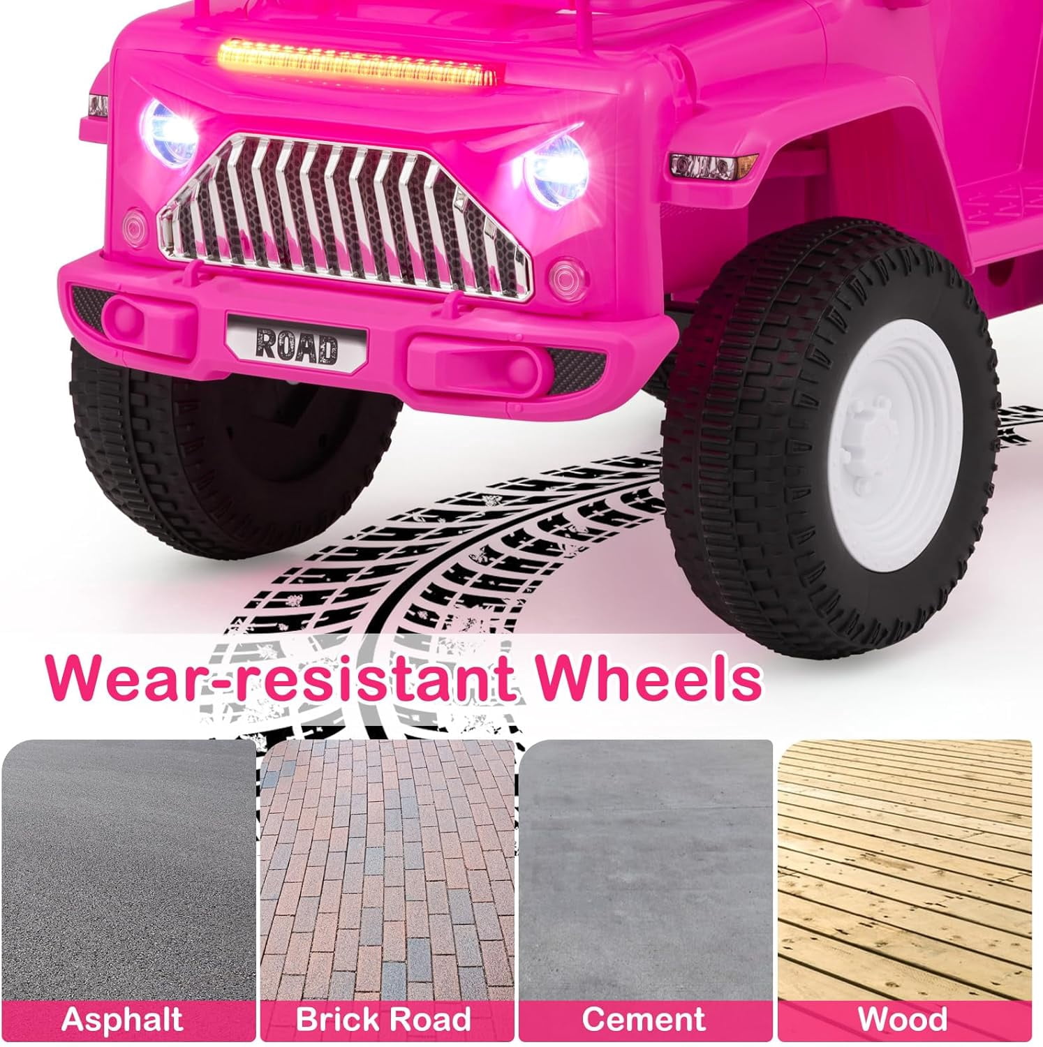 OLAKIDS Kids Ride on Car, 6V Battery Powered Electric Vehicle ATV for Toddlers with Foot Pedal, Music, Horn, Radio, Rear Storage, LED Lights, USB, 4 Wheels Toys for Boys Girls Aged 3-8 Years