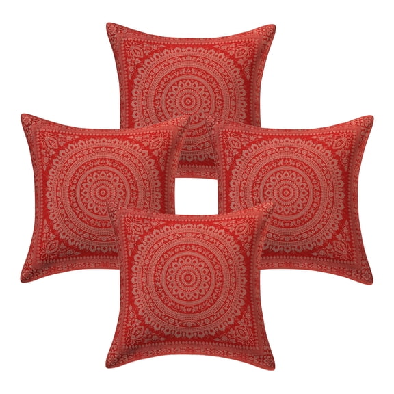 Stylo Culture Indian Brocade Home Decor Throw Pillow Sham Covers Red 16 x 16 Traditional Jacquard Weave Gold Sofa Cushion Covers 40x40 cm Polydupion Silk Mandala Square Pillow Cases | Set Of 4