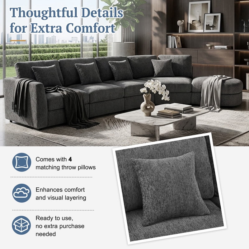 160.4" Oversized Curved Modular Sectional Sofa, Modern 5-Seater Chenille Cloud Couch with Deep Seats, Solid Wood Frame, 4 Throw Pillows for Living Room