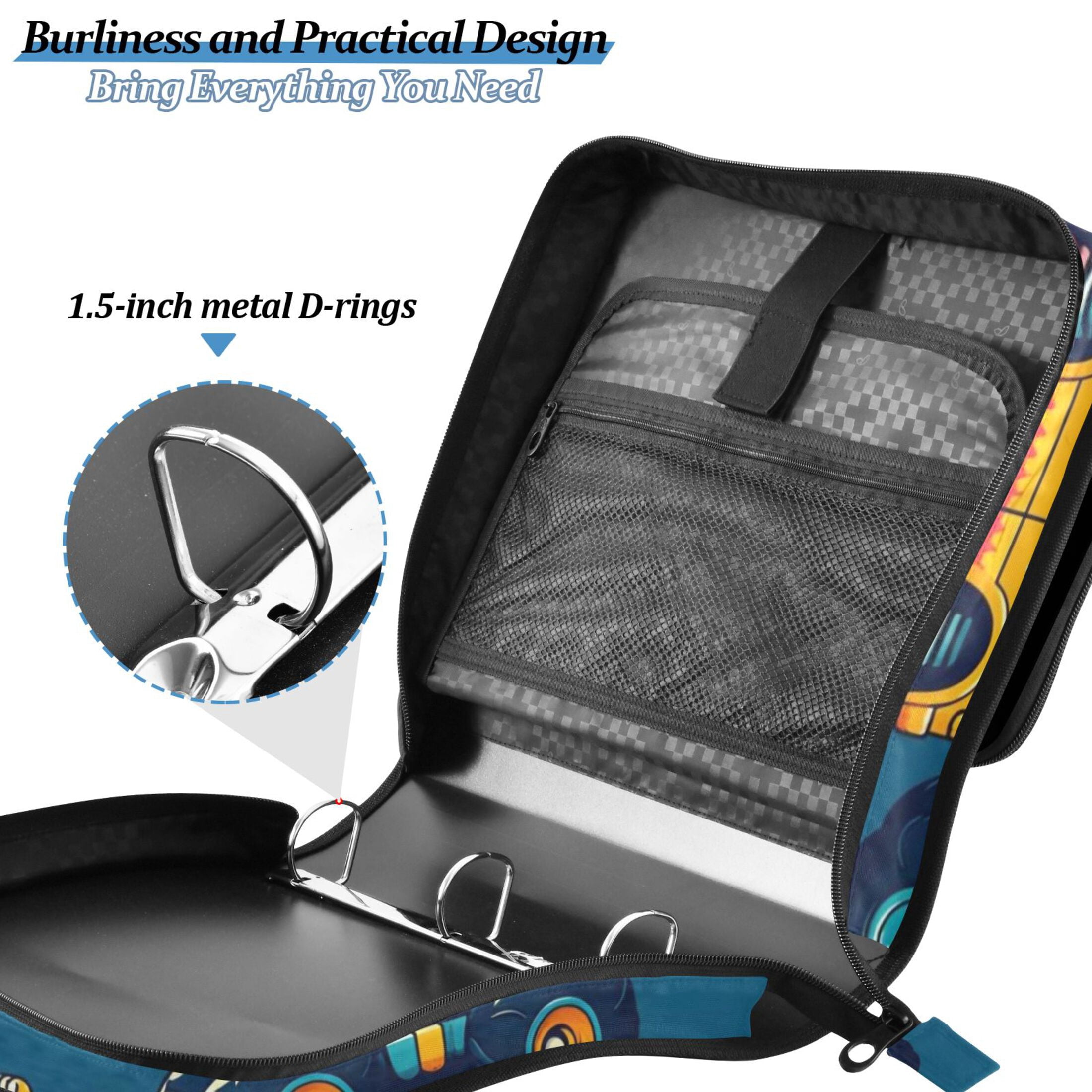 3 Ring Zipper Binder with Shoulder Strap Waterproof Trapper Keeper 2 Inch D-Ring 500 Sheets Capacity Beautiful Monster Trucks Car