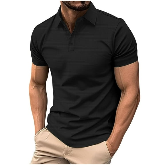 ZQUUVOU Men's T-Shirt Turn Down Solid Color Short Sleeve Turndown Collar Casual Shirts (Black,2XL)