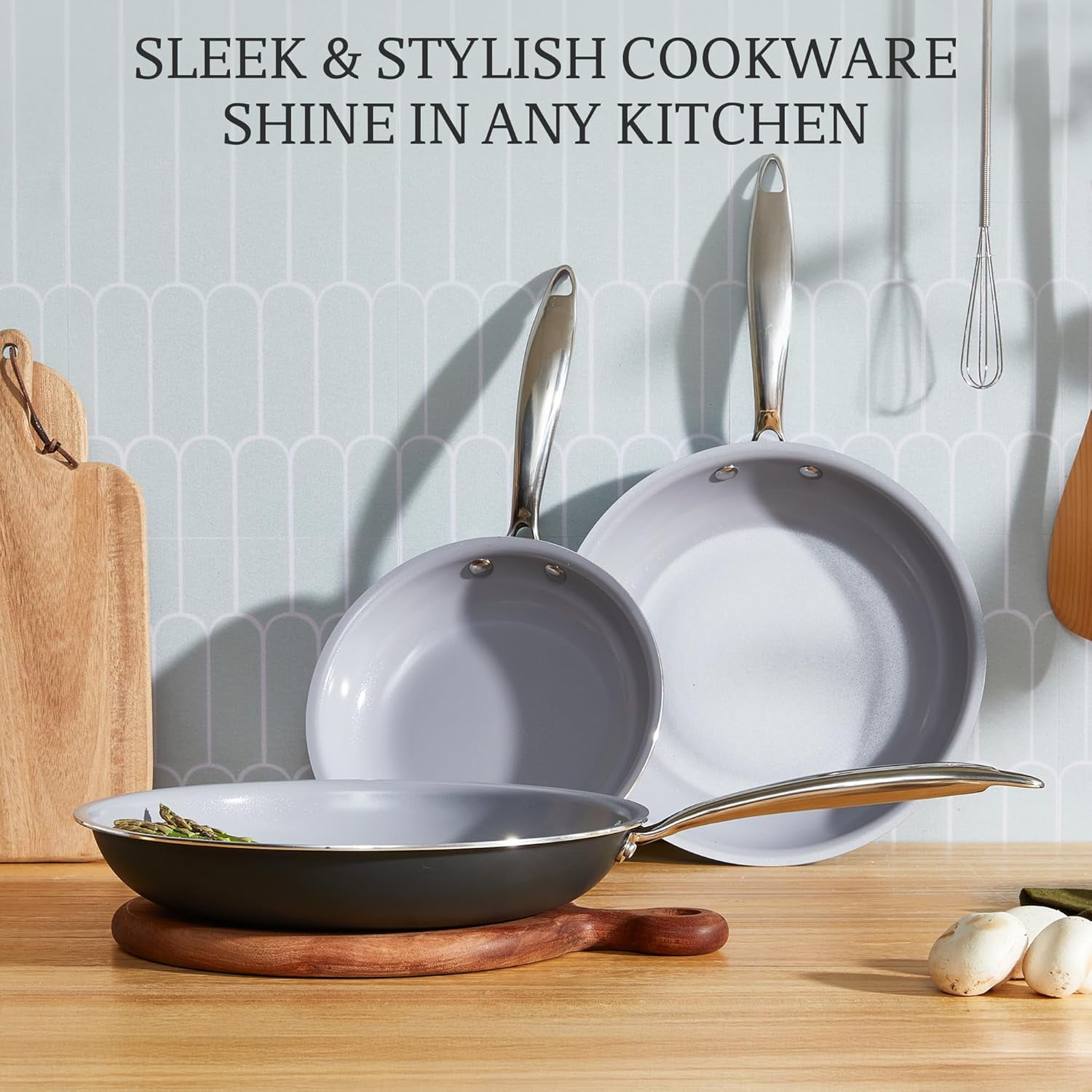 KITEXPERT Non Stick Frying Pans Set, Titanium Ceramic Pan Skillet Set Non Toxic, 8" 9.5" 11" Nonstick Frying Pan, Stainless Steel Handle, Dishwasher & Oven Safe,, Cream