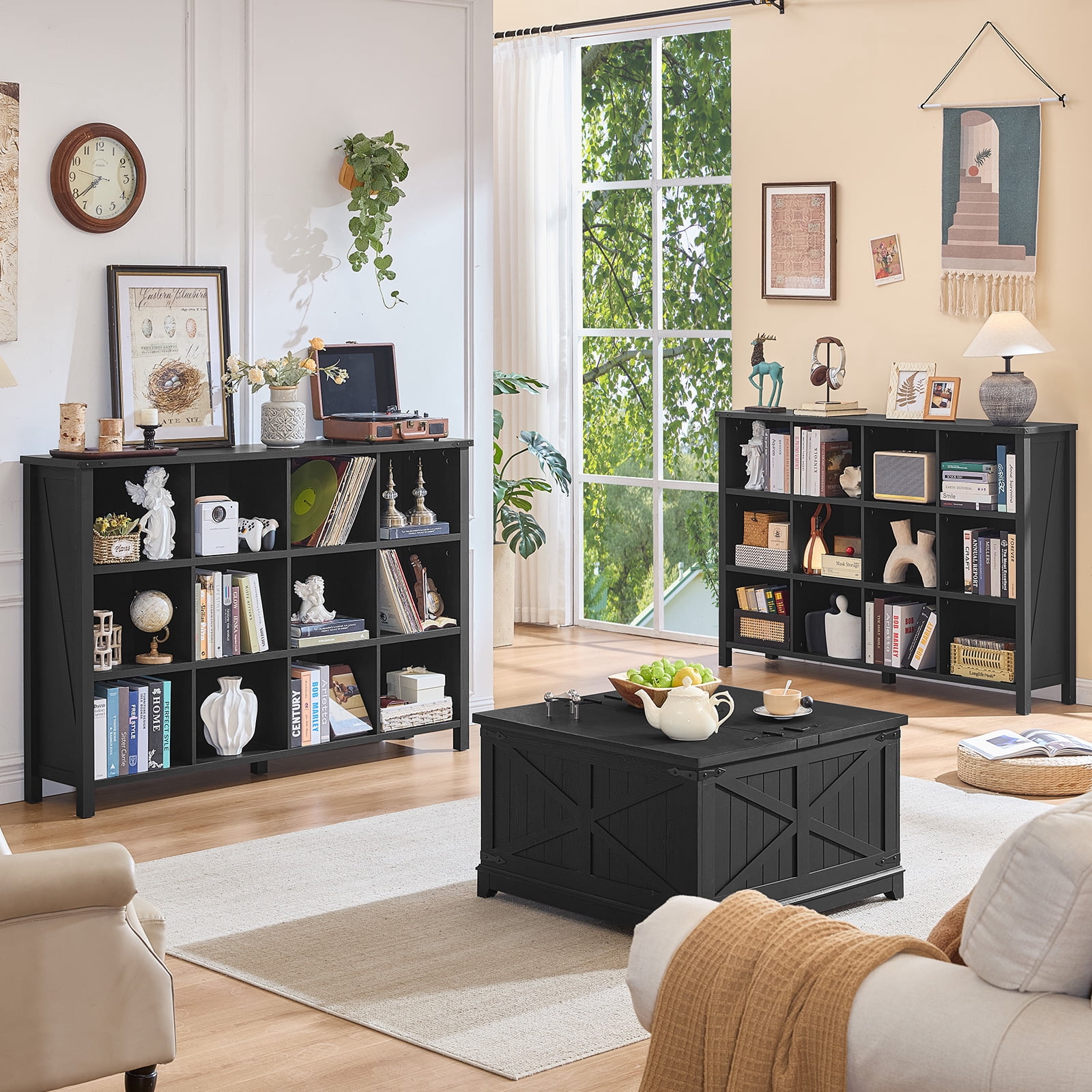Joaxswe 12-Cube Bookcase and Bookshelves, 62'' Width Open CD Display Storage Rack, Vintage Cubby Cabinet for Living Room, Black