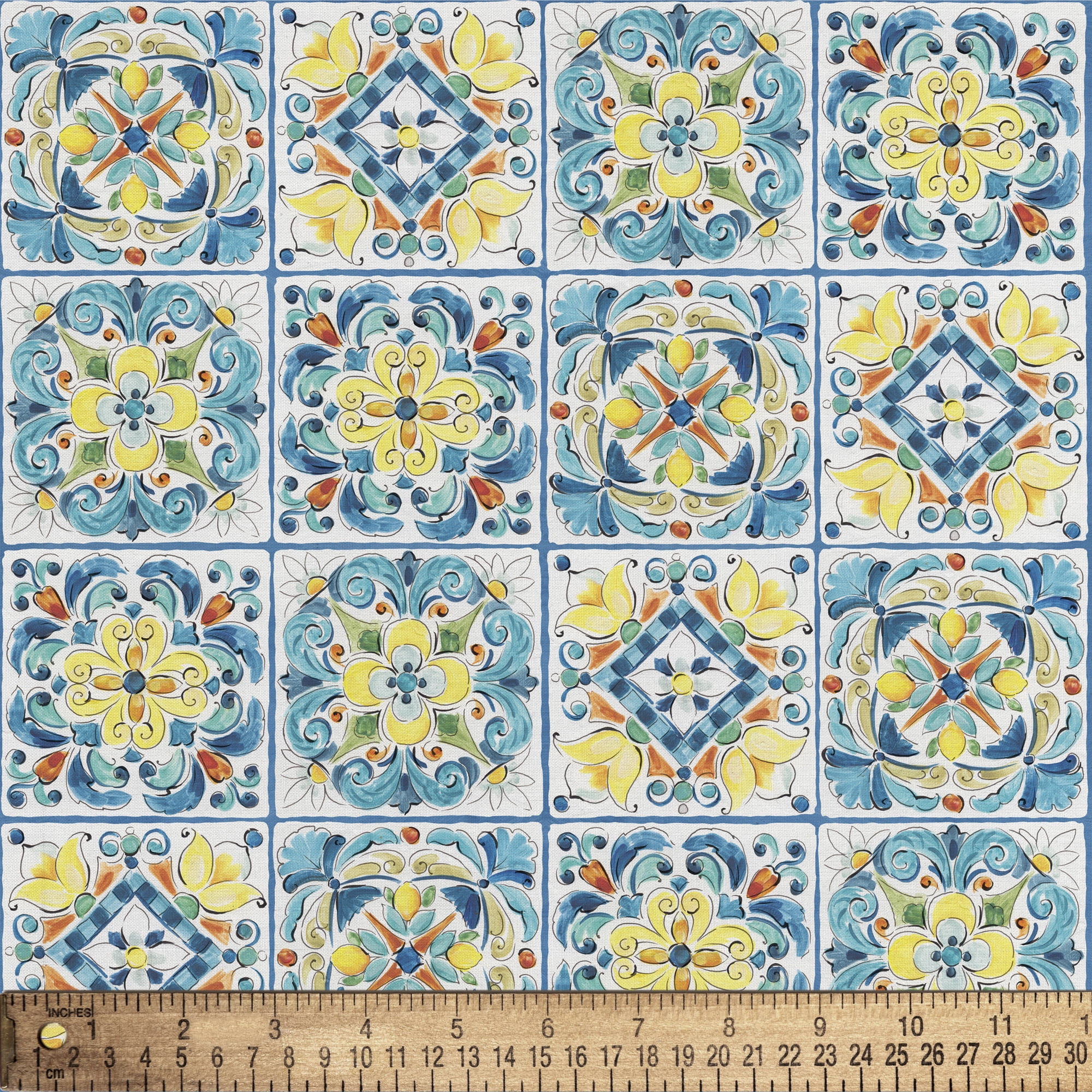 1 Yard 100% Cotton Mediterranean Tiles, Multi-color, 44" Wide for Quilting & Sewing by David Textiles
