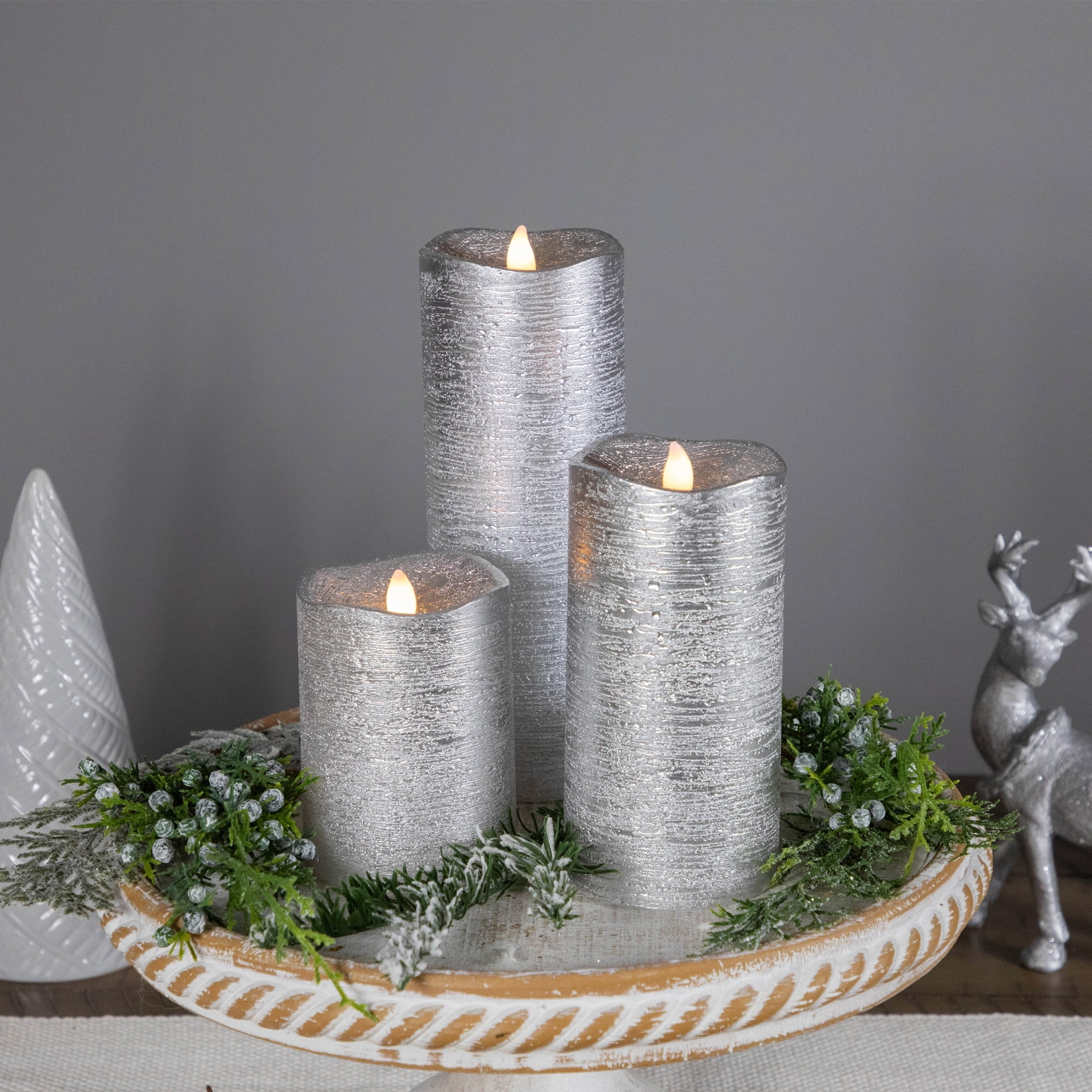 Northlight Set of 3 Silver LED Flickering Christmas Flameless Pillar Candles 8"