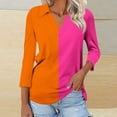 thumbnail image 2 of VERUGU Womens Tops 3/4 Sleeve Shirts V-Neck Lapel Loose Casual Comfy Blouses Trendy Patchwork Color Versatile T-shirts for Leggings Orange S, 2 of 5