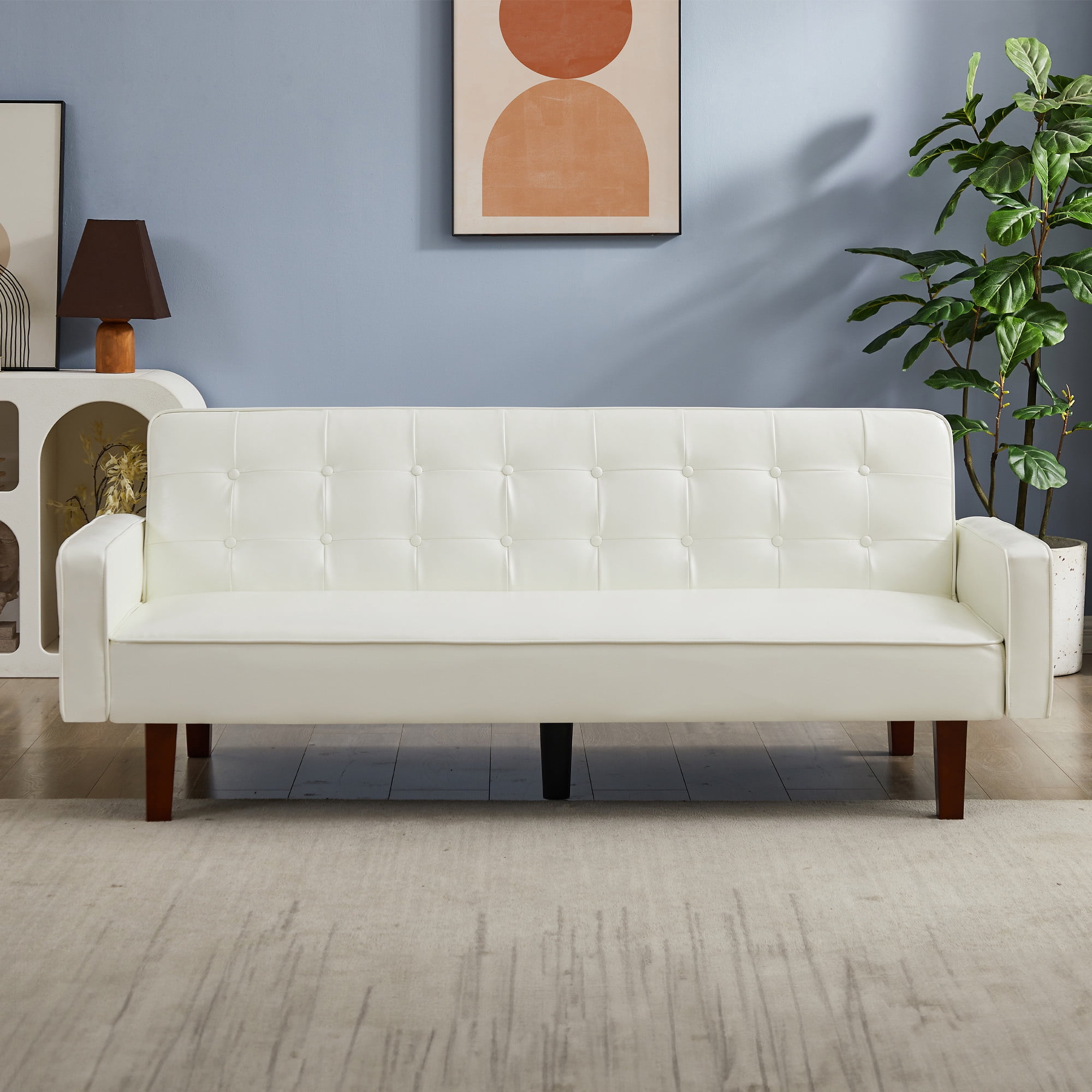Aukfa 75" Button-Tufted Futon Convertible Sofa Bed for Home Office, Leather, White