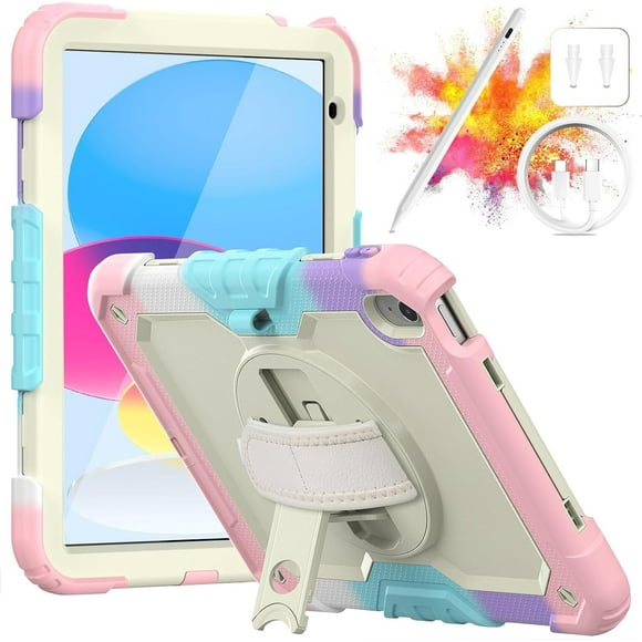 KOMI iPad 10th Generation Case 2022-iPad 10.9 Inch Case,360°Rotating Multi Functional Handle Ring Built in Screen Protector Pen Holder Shoulder Strap Case for iPad 10th Pink