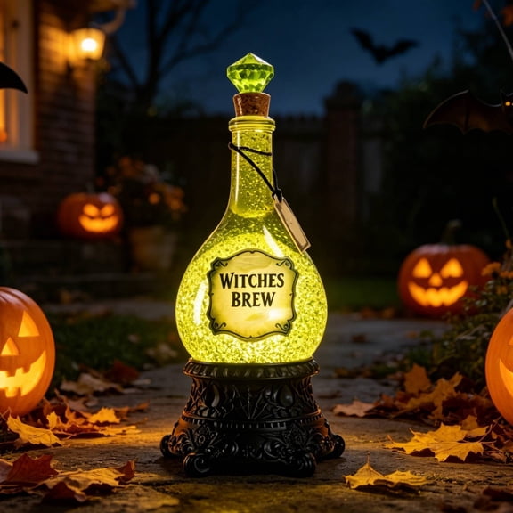Lighted Witches’ Brew Poison Bottle Glitter Globe LED Halloween Decorative Bottle Lamp with Black Base Spooky Glitter Motion Tabletop Decor for Home Party