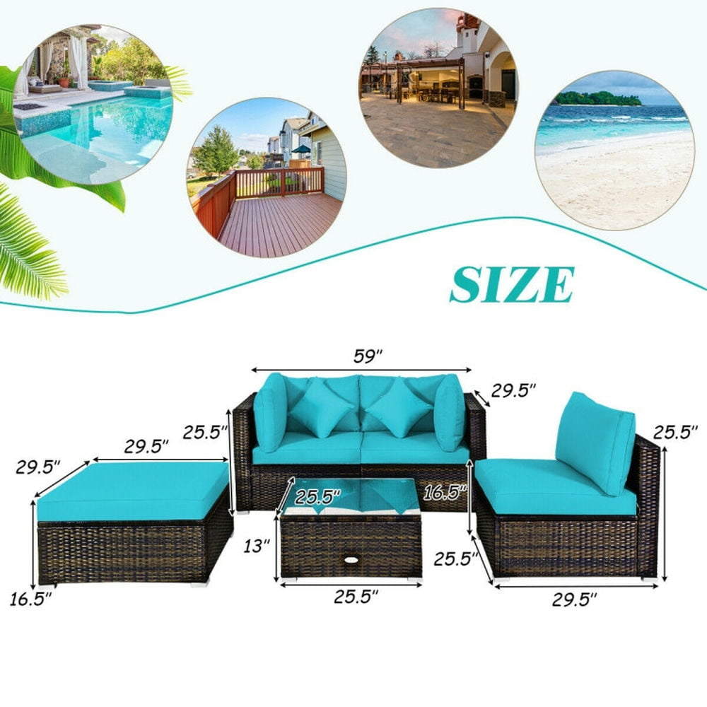 Topcobe 5 Pcs Outdoor Patio Rattan Furniture Set Sectional Conversation with Navy Cushions, Outdoor Patio Furniture for Garden Backyard-Turquoise