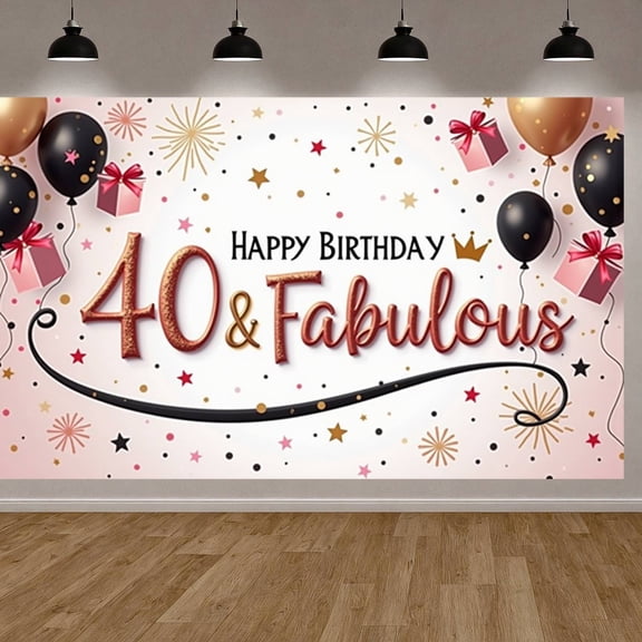 Glamorous Design 40th Birthday Banner Gold Accents Display Black Balloons Pink Gifts Fabulous 40 Backdrop for Adult Birthday Party 40th Celebration Birthday Photography