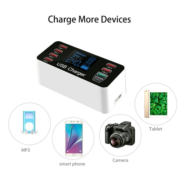 Chip Fast USB Charger Con Puerto QC3.0 Estacia de Carga de 40W Con 8 Puertos de Carga y Puerto Tipo-C Pantalla LCD LCD BUGA COMPATIBILIDAD CHIP INTELIGENTE