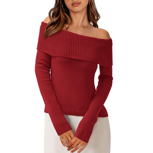 Suéter PRETTYGARDEN Mujer Hombros Descubiertos Tejido Acanalado Rojo Óxido Talle L