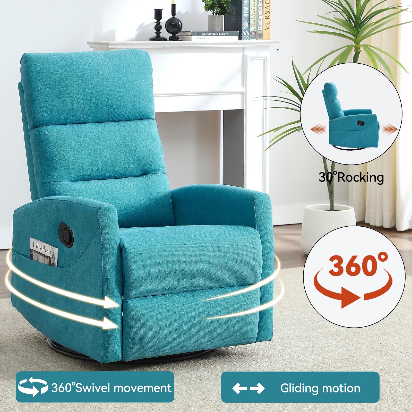 360°Swivel Rocker Recliner, PAPROOS Small Rocking Recliner Chair for Small Spaces, Home Theater Recliner with 2 Side Pockets, Nursery Glider Recliner, Manual Recliner for Adults for Living Room, Blue
