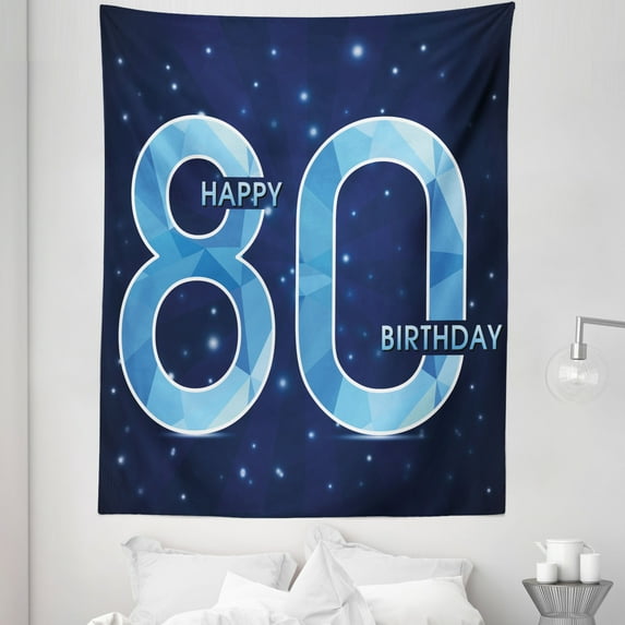 Birthday Tapestry, Diamond Age 80 Yeras Old Happy Birthday Party Theme with Stars, Fabric Wall Hanging Decor for Bedroom Living Room Dorm, 5 Sizes, Navy Blue and Sky Blue, by Ambesonne