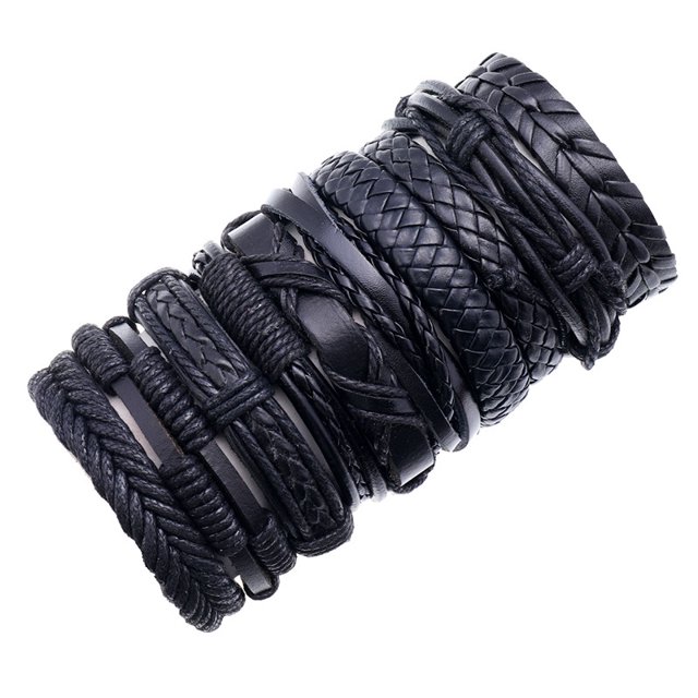 Pulsera de piel de vaca ajustable multicapa sencilla con tejido combinado y joyería europea y americana