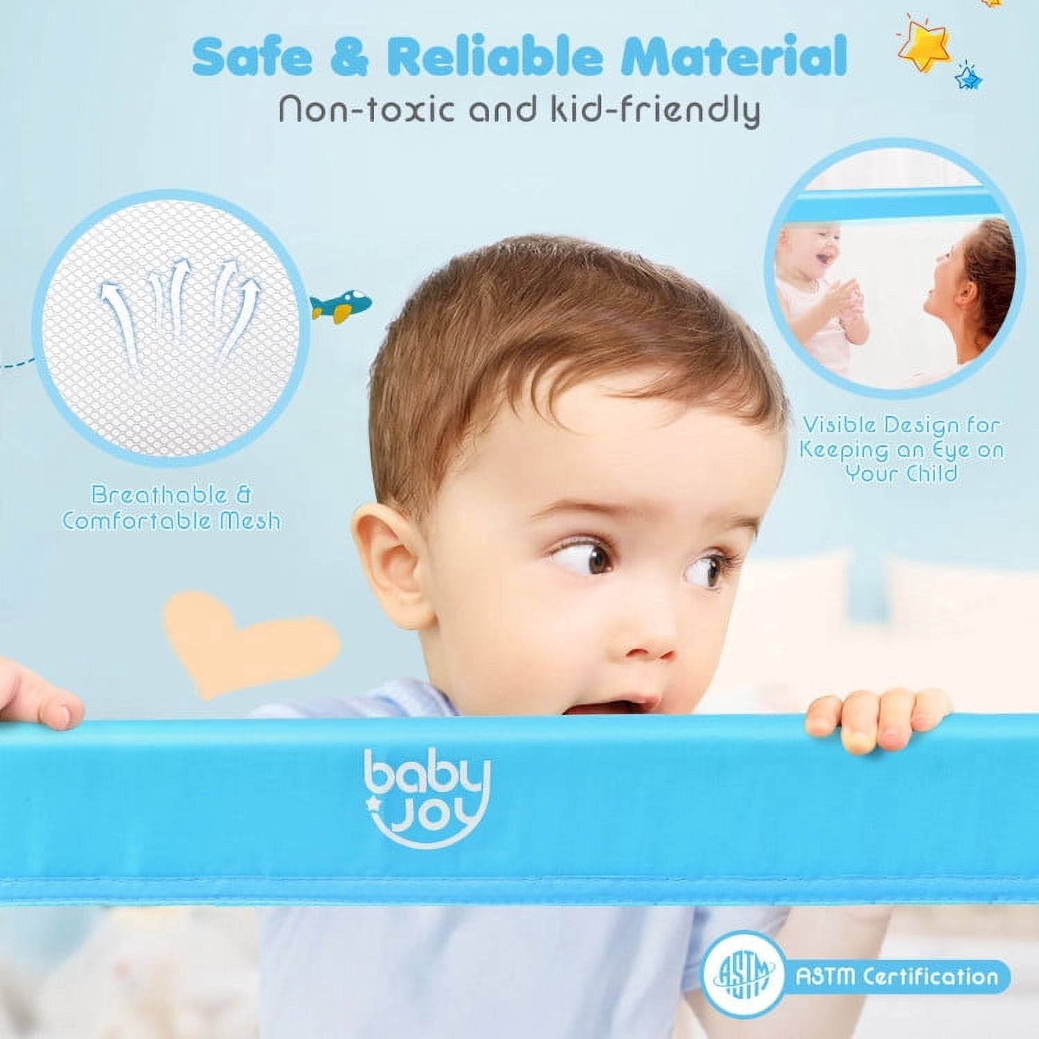 YYAo Bed Guard Rails,Bed Fence,Bed Gate for Baby,59 Inch Folding Breathable Baby Bed Rail Guard with Safety Strap-Blue