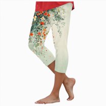 HCNTES Women Floral Print High Waist Capris Knee Length Slim Fit Yoga Cropped Trousers(Light Green,XXL)