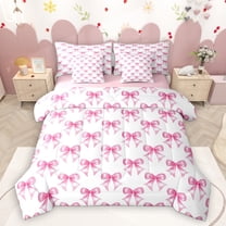 Homewish Lovely Bow Knot 7-Piece Twin Bedding Sets,Cartoon Bowtie Ribbon Bedding Comforter Set,Pink White Sheet Sets For Girl Kids,Microfiber Bedroom Decor Reversible