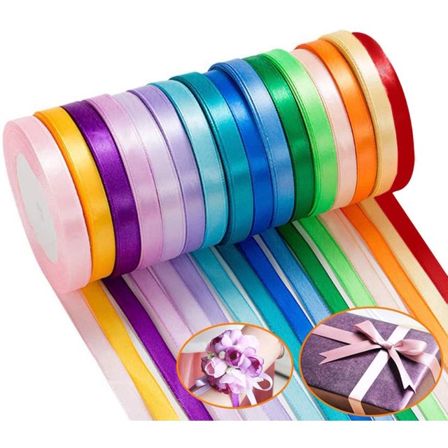 Paquete de 16 rollos de cinta de satén - Cintas de seda de doble cara de 400 yardas (10 mm de ancho), manualidades Paquete de regalo Envoltura DIY Lazos Diademas - Decoración de fiesta de boda oso de fresa Juguete