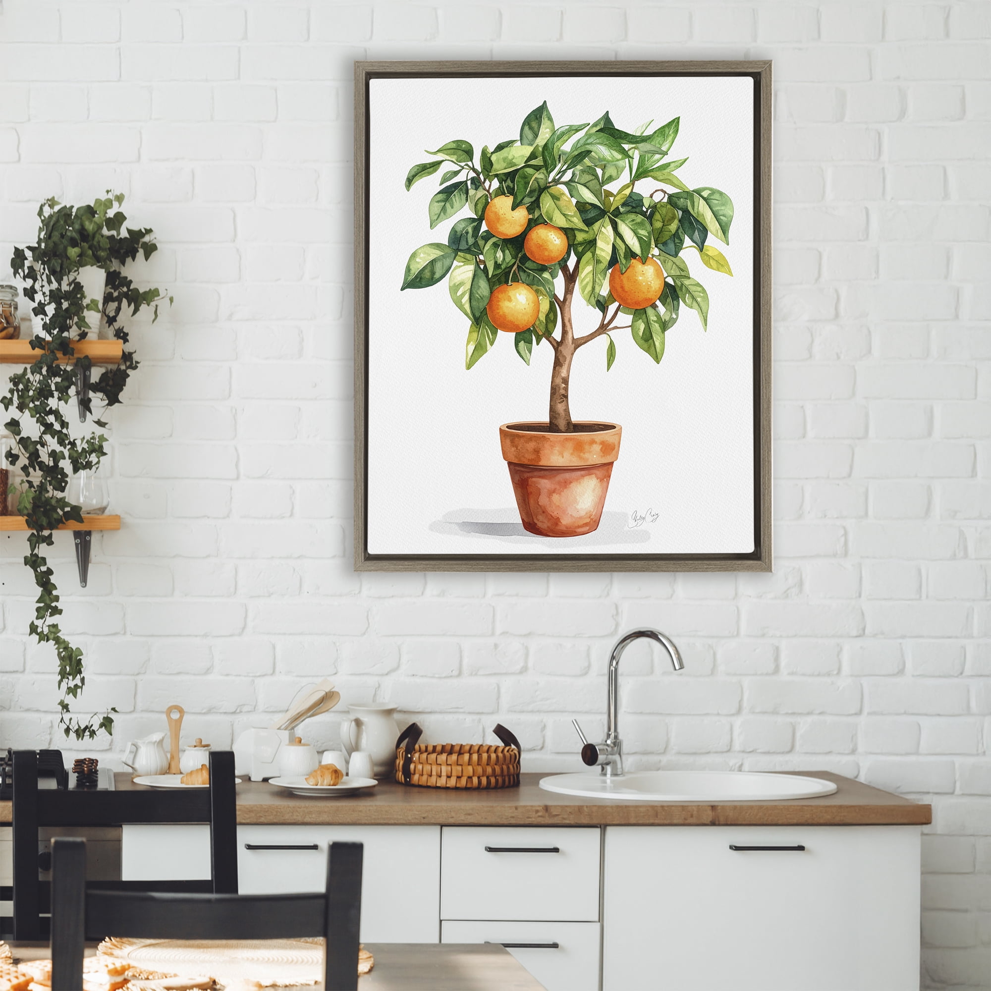 Stupell Industries Potted Orange Tree Brown Framed Floater Canvas Wall Art, design by Shelly Craig