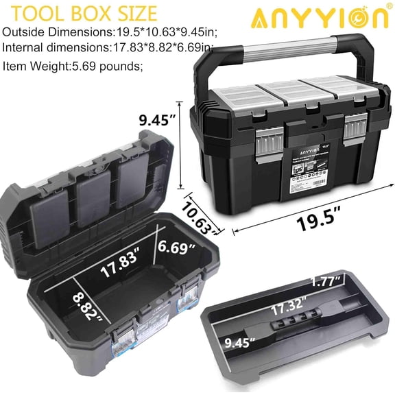 19 Inch Tool box with Removable Tray, Truly Strong and  For Craft Storage, Household