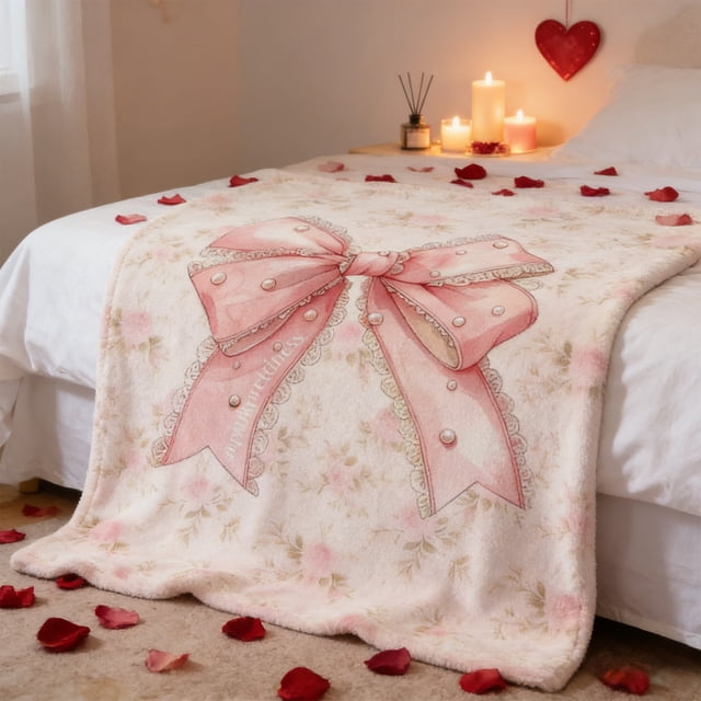 Digital Printed Flannel Blanket with Bowknot Design, for Workspace Naps and Valentines Day Decor, Soft and Comfortable, Size 30x39 Inches, 1 Pc