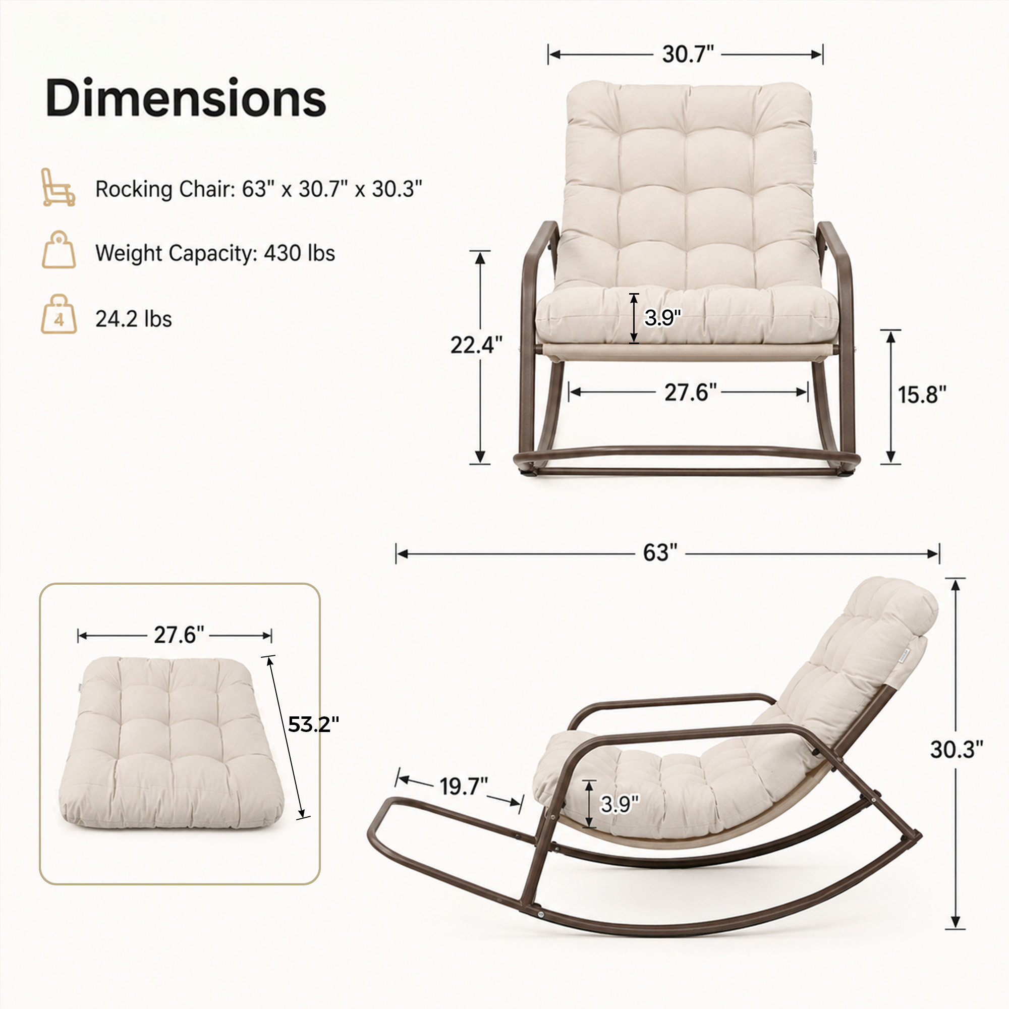 Radiata Oversized Rocking Chair with Footrest, Beige photo 2
