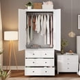 thumbnail image 3 of Soonbuy Wardrobe Closet with Drawers, 69.5" Wooden Wardrobe Cabinet with Hanging Rod, 2 Doors Clothing Storage Cabinet for Bedroom, Large Capacity Storage, Louvered Door, 3 of 9