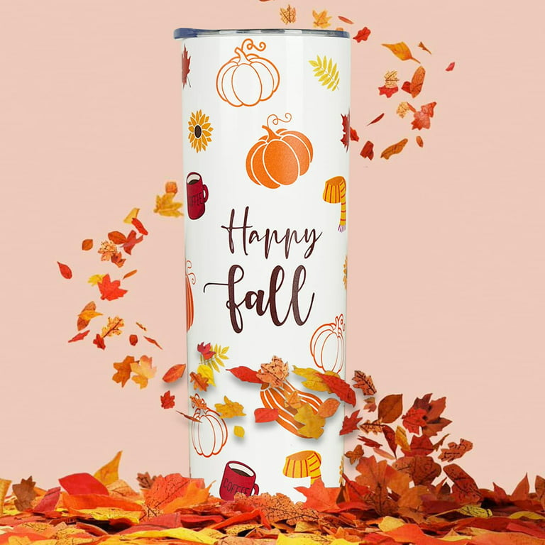 Fall Tumbler 20 oz Travel Coffee Mug Fall Pumpkin Print Skinny Tumblers  with Lid and Straw Stainless Steel Insulated Coffee Cups Gift for Fall